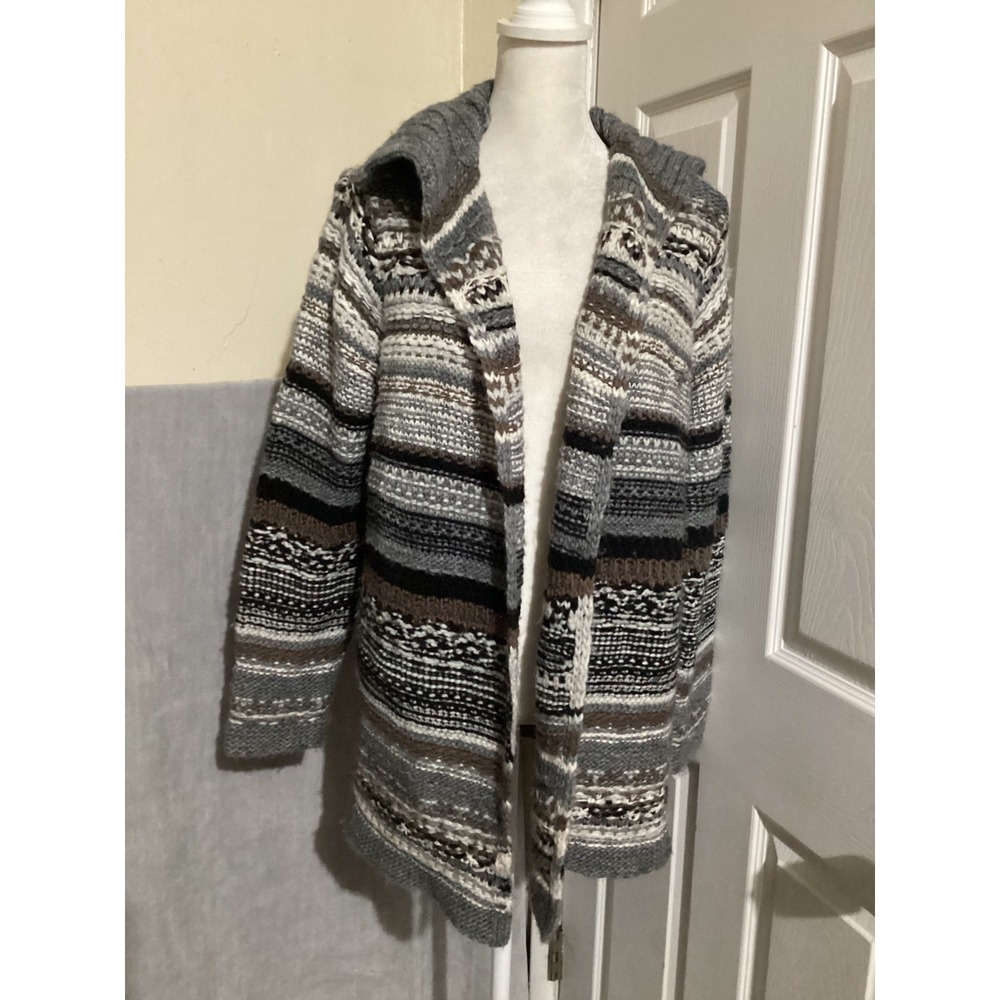 J Jill Womens Open Front Knit Cardigan Sweater Gray Brown Striped S